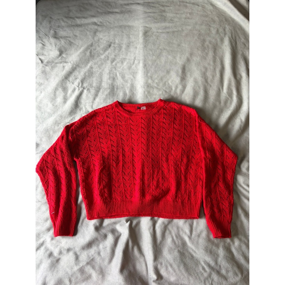 H&M Divided Red Pointelle Knit Crewneck Sweater Chevron Open Knit Large